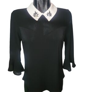 Faith and Joy Black Blouse With Rhinestone Embellished White Collar S